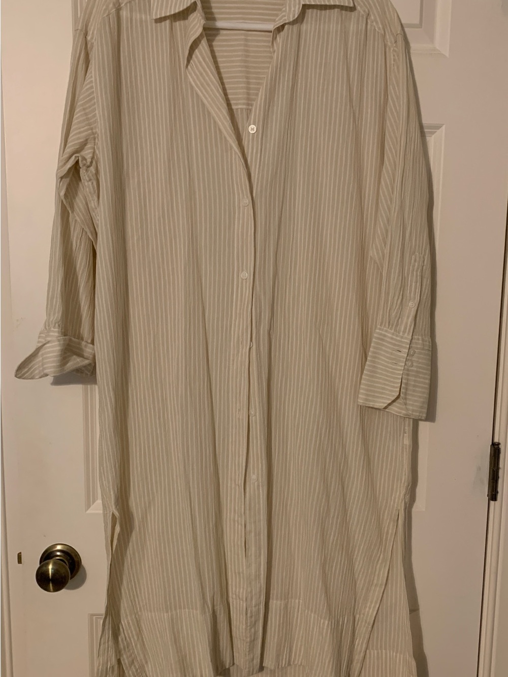 Khaki and White Striped Button-Down Long Shirt Dress with side slits
